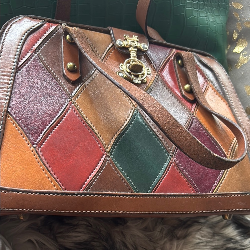 Vibrant Red and Orange Patchwork Shoulder Bag with Gold Hardware